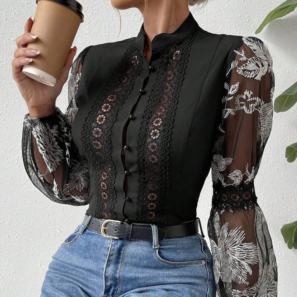 Elegant Black  Floral Pattern Contrast Mesh Virago Sleeve Shirt